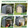 A collage of four images showing a multi-functional storage tent used for different purposes: a bicycle stand, firewood storage, garden tools storage, and general storage. Produktbild-Vorschau