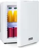 A white mini-refrigerator with the door open, containing two bottles of orange juice and two cans of soda. Podgląd zdjęcia produktu