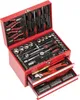 A red metal toolbox filled with various tools, including screwdrivers, wrenches, and sockets, with drawers partially open. Produktbild-Vorschau