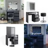 A collage of images showing a vanity table with a mirror and stool from different angles and lighting conditions. Náhľad obrázku produktu