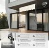 A beige awning is installed on a modern building's balcony, providing shade. The image includes marketing text and icons highlighting product features. Náhled obrázku produktu