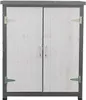 A front view of a white wooden cabinet with gray trim and green hinges. Produktbild-Vorschau