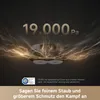 A robot vacuum cleaner is shown with a dramatic display of golden particles swirling around it, representing its suction power. Produktbild-Vorschau
