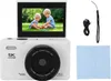 A white digital camera with its screen flipped up, displaying a picture of two children playing. Accessories like a USB cable and a cleaning cloth are placed next to it. Voir les images du produit