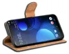 A smartphone in a brown flip case, displayed at an angle against a white background. Produktbild-Vorschau