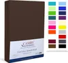 A product shot of a folded brown fitted sheet, with a swatch of available colors to the right. Produktbild-Vorschau