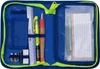 An open pencil case with various stationery items inside. Voir les images du produit