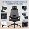 A collage showing a black ergonomic office chair with various features highlighted by inset images and text. Podgląd zdjęcia produktu