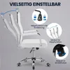 A white office chair with various adjustment features highlighted with text and diagrams. Produktbild-Vorschau