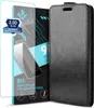 A product shot showing a black flip phone case and a screen protector package. Produktbild-Vorschau