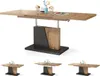A dining table with a wooden top and a dark base, shown in its extended and raised position. Below are three smaller images of the table in different configurations. Produktbild-Vorschau