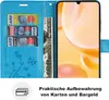 A blue flip phone case is shown open, displaying card slots and a bill compartment, next to a smartphone. Text below describes practical storage for cards and cash. Produktbild-Vorschau
