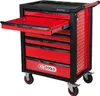 A red and black tool cart with one drawer open, on a white background. Produktbild-Vorschau