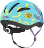 A close-up view of a child's bicycle helmet with a blue base color and a Stitch character design. Produktbild-Vorschau