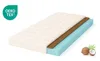 A cross-section of a mattress showing its different layers, with a coconut and leaves in the bottom right corner. Náhled obrázku produktu