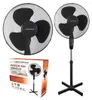 A collage of product images showing a black Esperanza brand pedestal fan, including a close-up of the fan head and a boxed view of the fan. A fully assembled fan on its stand is also shown. Produktbild-Vorschau