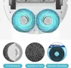 A diagram showing the rotating mop heads of a robot vacuum cleaner, with close-up views of the mop pad material and a mop pad being washed. Produktbild-Vorschau