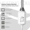 A close-up of a white heating element for a radiator, with feature callouts. Produktbild-Vorschau