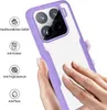 A hand is shown touching the back of a purple and clear phone case, highlighting its features. Produktbild-Vorschau