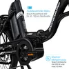 Close-up of an electric bicycle frame with text overlays highlighting features. Produktbild-Vorschau