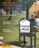 An outdoor scene with a pizza oven, people in the background, and a pizza in the foreground. Produktbild-Vorschau