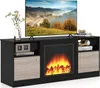 A black TV stand with a built-in electric fireplace, featuring a television on top and decorative items on the shelves. Podgląd zdjęcia produktu