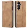 A brown leather-look phone case is shown from two angles, open and closed. Produktbild-Vorschau