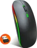 A dark gray wireless computer mouse with RGB lighting on the side and a USB receiver shown in a small circle. Produktbild-Vorschau