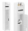 A white bathroom cabinet with a door and shelves, displaying toiletries and perfume bottles. Produktbild-Vorschau
