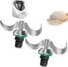 A collage of a food processor, two mixing blades, and a ball of dough with flour. Produktbild-Vorschau