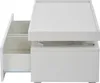 A white coffee table with two drawers pulled out, showing the interior and drawer slides. A power cord is visible underneath the table. Voir les images du produit