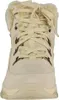 A close-up front view of a beige winter boot with cream-colored laces and faux fur trim. Voir les images du produit
