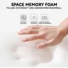 A hand pressing into a white, soft material, likely memory foam, with marketing icons and text above. Produktbild-Vorschau