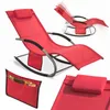 A collage of images showing a red rocking lounge chair from different angles, including a close-up of a side pocket and a detail of the headrest. Produktbild-Vorschau