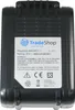A close-up view of a black battery pack with a white label containing product information and logos. Produktbild-Vorschau