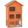 A multi-story wooden hutch for small animals, such as rabbits or guinea pigs, is shown against a white background. Produktbild-Vorschau
