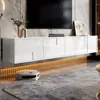 A modern living room with a white TV stand, a large TV, and a robot vacuum cleaner. Anteprima dell’immagine prodotto