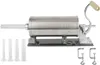 A stainless steel manual sausage stuffer with four filling tubes and two clamps, presented on a white background. Náhled obrázku produktu