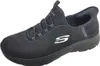 A black Skechers slip-on shoe is shown against a white background. Voir les images du produit