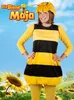 A woman dressed in a bee costume, posing in front of a background with sunflowers and a blue sky. Produktbild-Vorschau