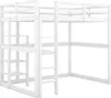 A white loft bed with stairs and shelves, shown against a white background. Produktbild-Vorschau