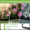 A collage of three images showing hydrangeas in different weather conditions, with text overlays describing product features and a black garden edging piece at the bottom. Produktbild-Vorschau