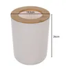A white cylindrical trash can with a bamboo lid, showing dimensions. Voir les images du produit