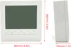 A white digital thermostat is shown from the front and side, with dimensions indicated by red lines and text. Podgląd zdjęcia produktu