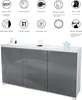 A modern sideboard with a glossy gray front and white frame, adorned with decorative icons and text highlighting its features. Produktbild-Vorschau