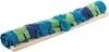 A rolled-up hammock with blue and green stripes on a wooden stand, isolated on a white background. Produktbild-Vorschau