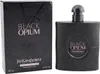 Schwarzer Flakon von Yves Saint Laurent Black Opium Extreme mit Glitzereffekt neben passender schwarzer Verpackung mit Logo. Náhled obrázku produktu
