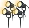Four black LED garden spotlights with yellow light, each mounted on a spike for insertion into the ground. Produktbild-Vorschau