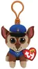 A plush toy dog wearing a police uniform and hat, with a clip attached to the top for hanging. Produktbild-Vorschau