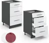 Two kitchen base cabinets with drawers, one closed and one with drawers open, shown on a white background. Two circular color swatches, one white and one red, are in the lower left corner. Anteprima dell’immagine prodotto